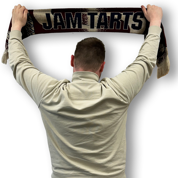 Picture of the back of Thomas holding a footbal scarf