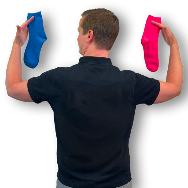 Picture of the back of Jamie holding socks