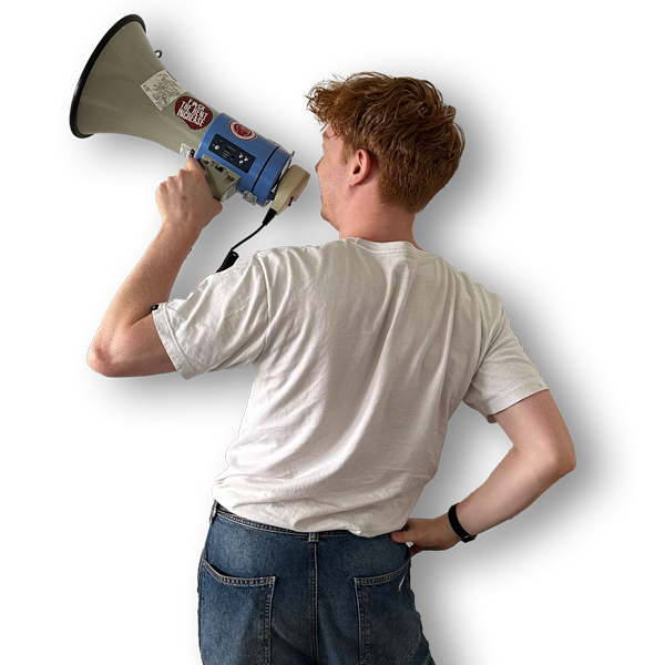 Picture of the back of Cameron holding a megaphone
