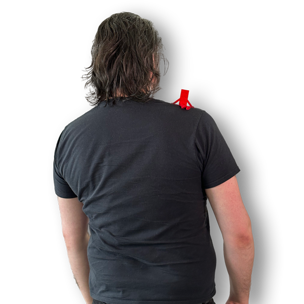 Picture of the back of Alex with a Lego mini figure on his shoulder