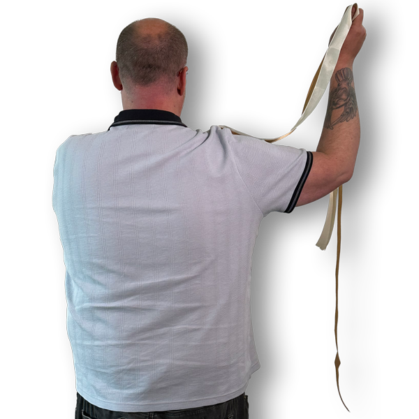 Picture of the back of Stewart holding a handfastening ribbon
