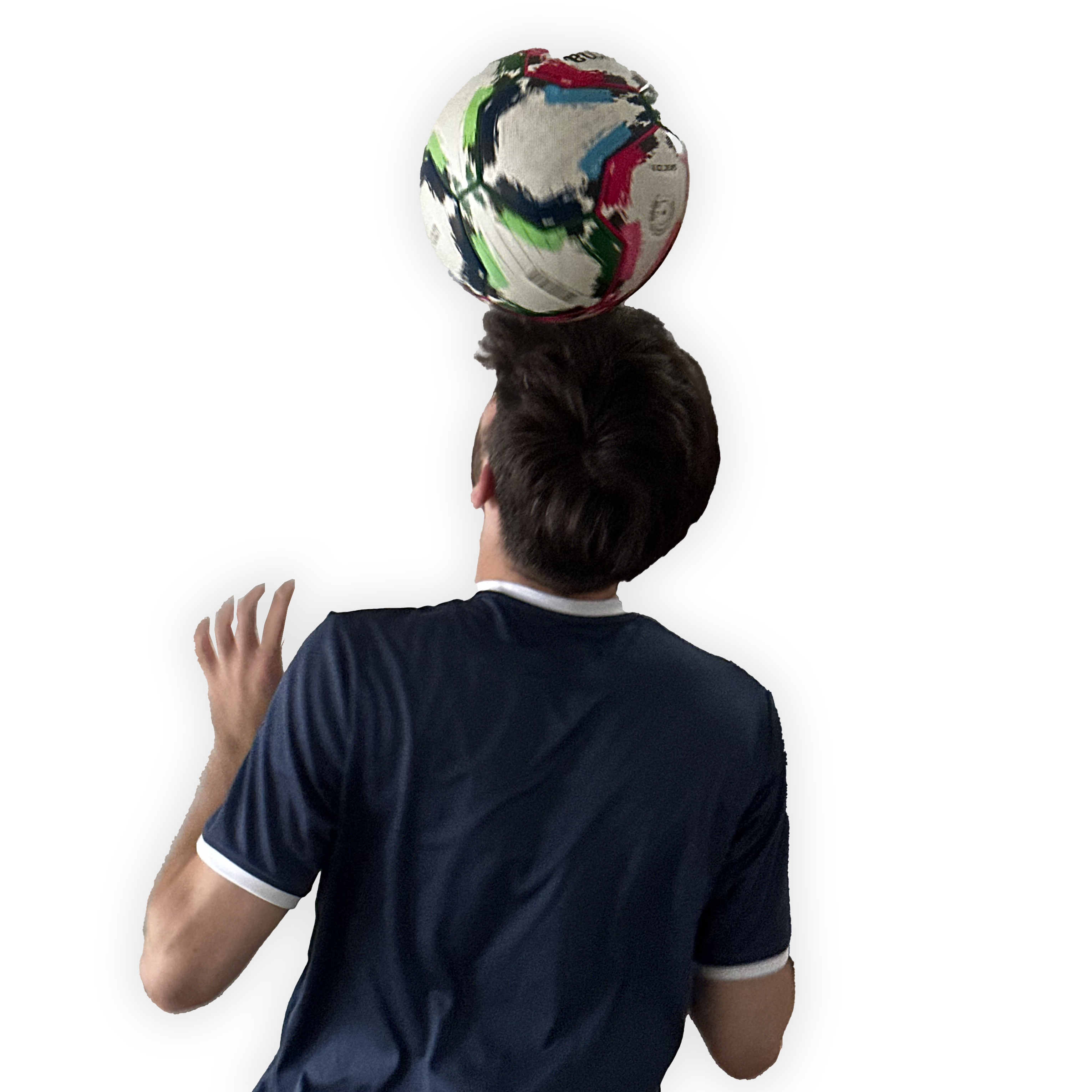 Picture of the back of Chris balancing a football on his head