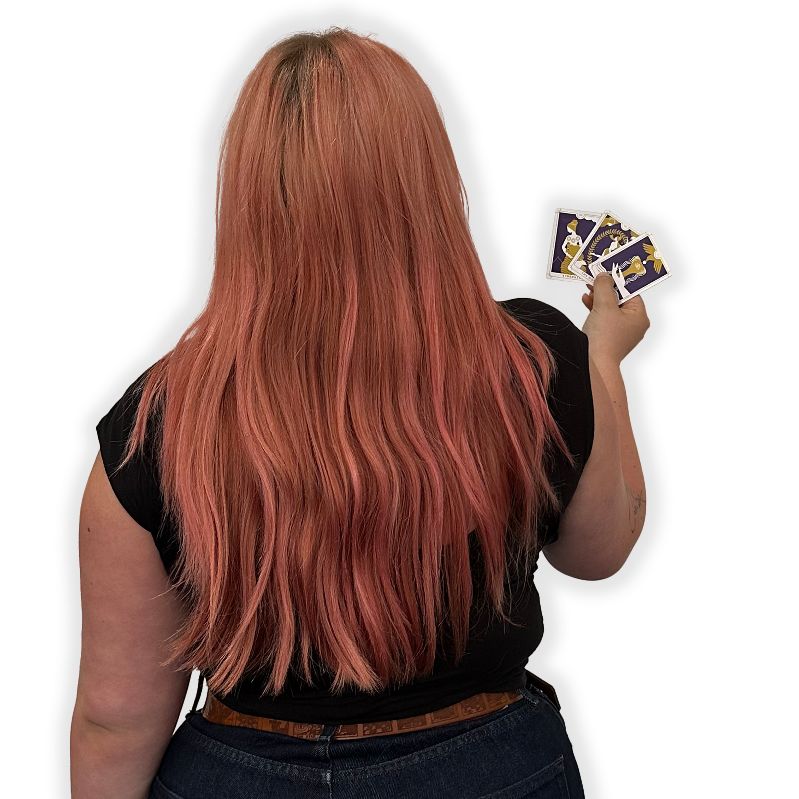 Picture of the back of Joey holding a tarot cards