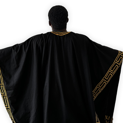 Picture of the back of Daniel wearing the Nigeria National Dress
