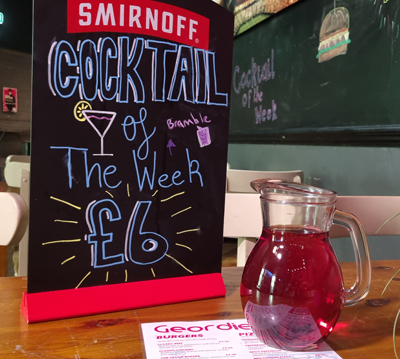 Cocktail jug and menu board in Geordies